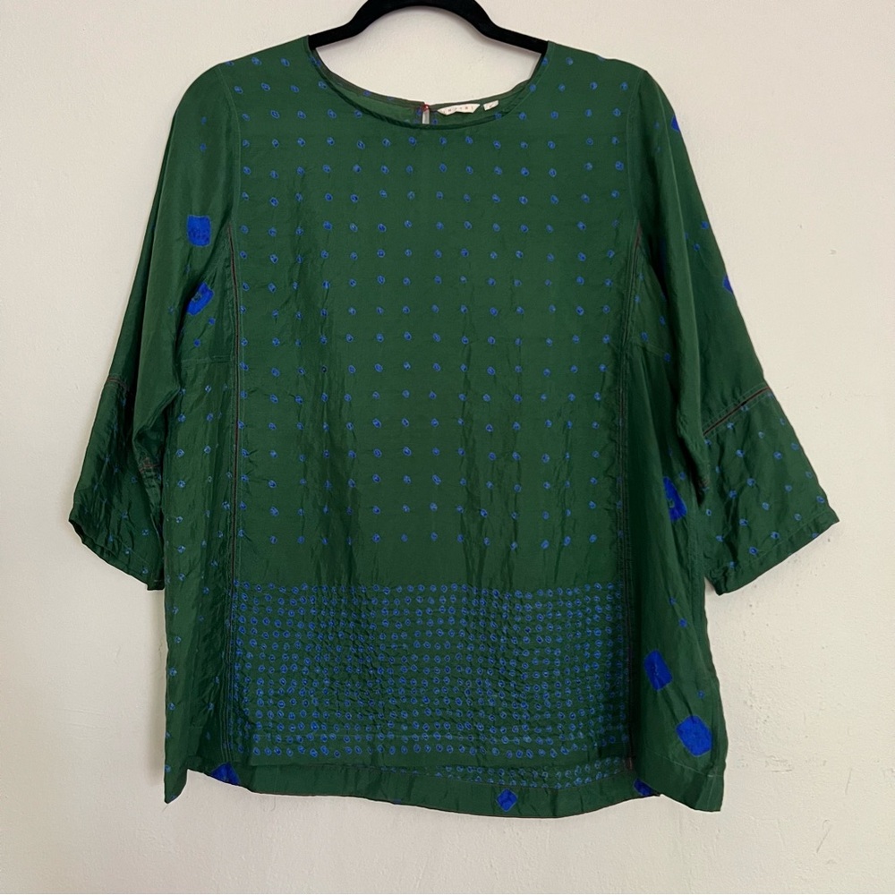 Injiri Green Silk Blouse With Blue Bandhani Tie Dye Print